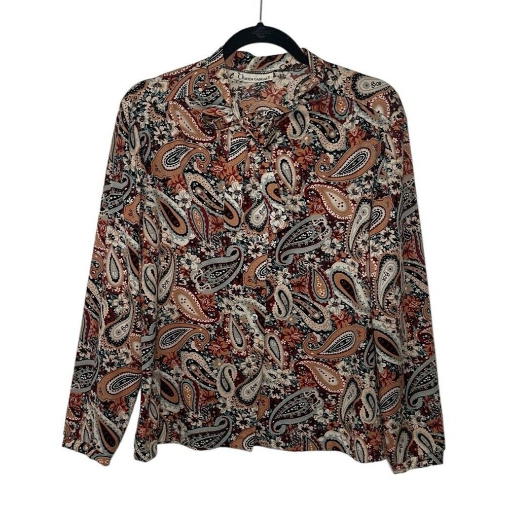 Vintage 70s Queens Casuals Earthtone Paisley Abstract Secretary Disco Pussybow
